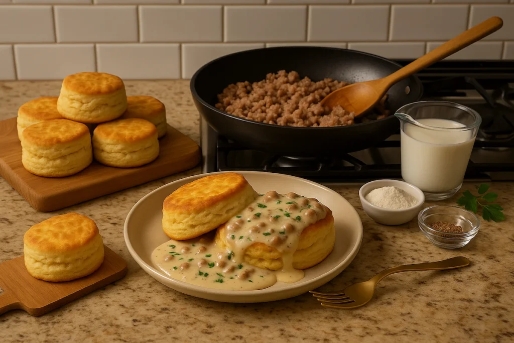 Cooking biscuits and gravy – skillet with sausage cooking, fresh biscuits on the side, and finished biscuits topped with creamy gravy on a plate