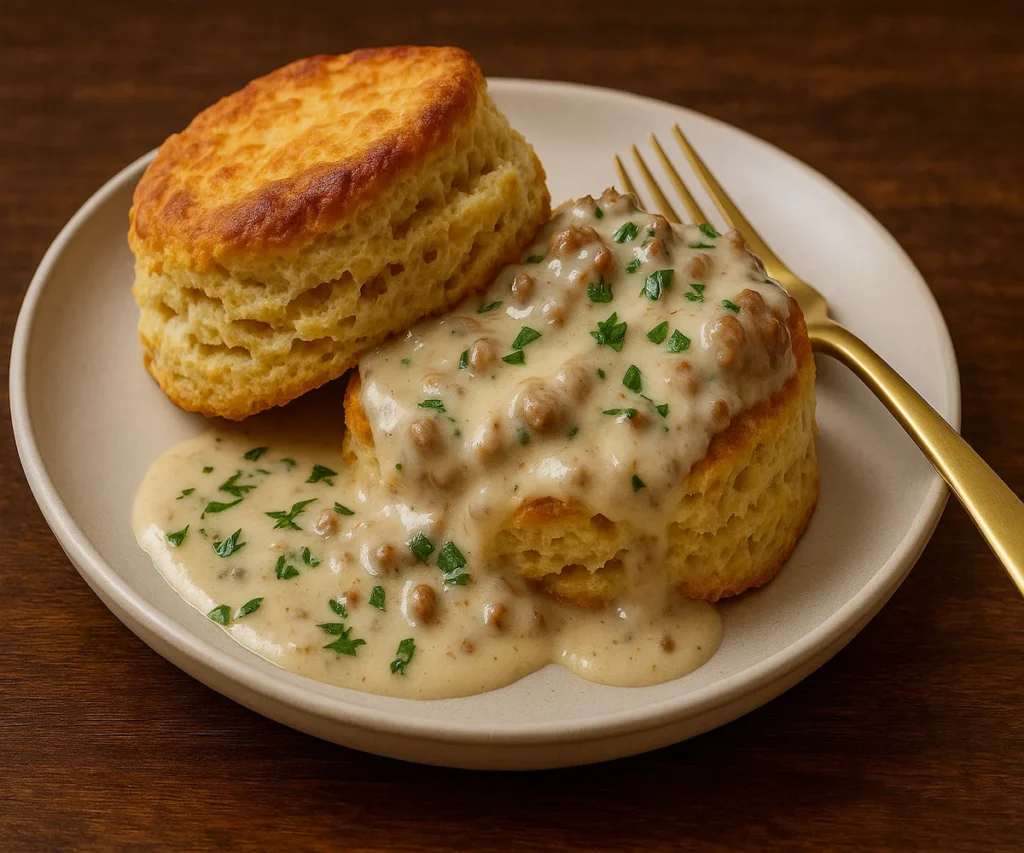 Southern Biscuits and Sausage Gravy topped with fresh parsley