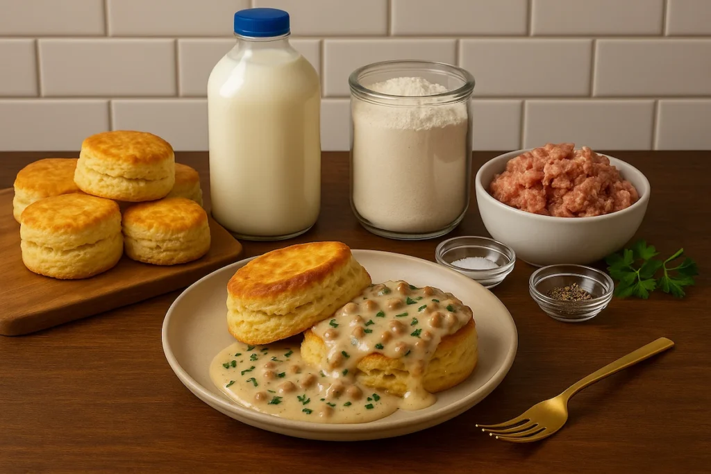 Biscuits and sausage gravy ingredients on a table