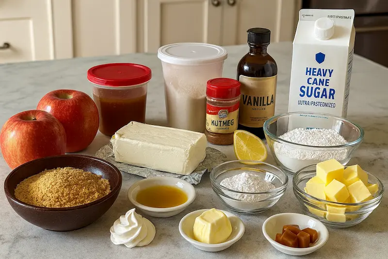 Ingredients for Caramel Apple Dessert Cups including fresh apples, cream cheese, graham cracker crumbs, cinnamon, and caramel sauce.