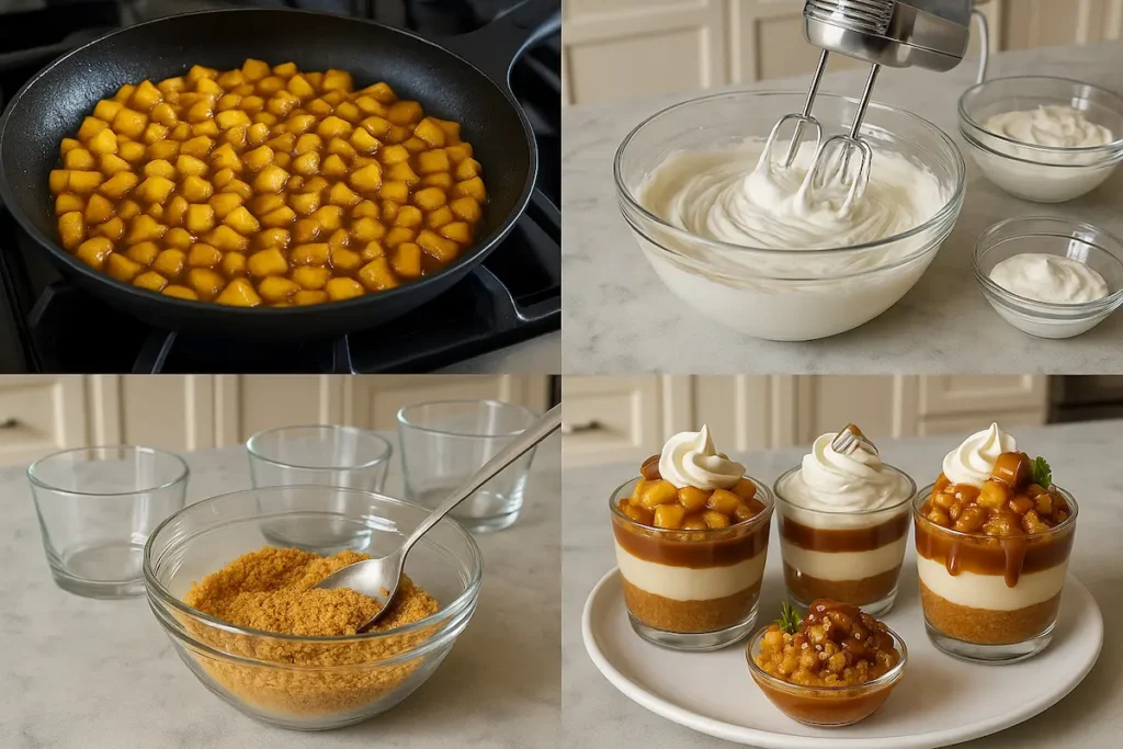 Step-by-step preparation of Caramel Apple Dessert Cups showing graham cracker crust, cheesecake cream, caramelized apples, and caramel sauce.