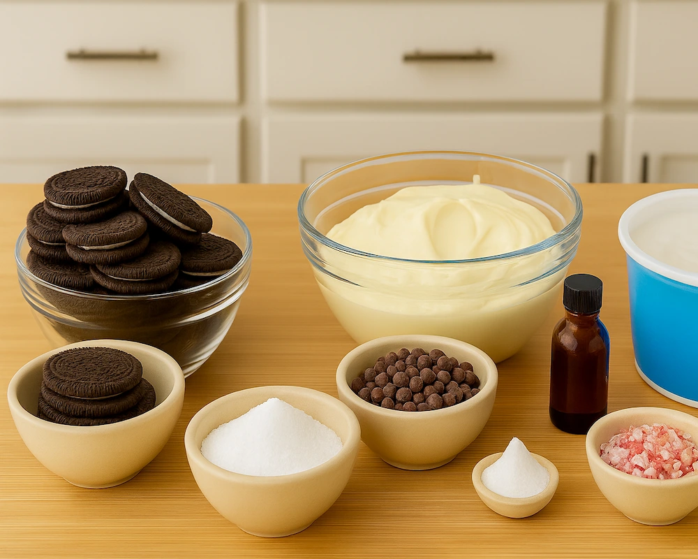 ingredients for chocolate peppermint lasagna recipe including cream cheese, cool whip, chocolate pudding mix, crushed cookies, butter, peppermint candies, and milk