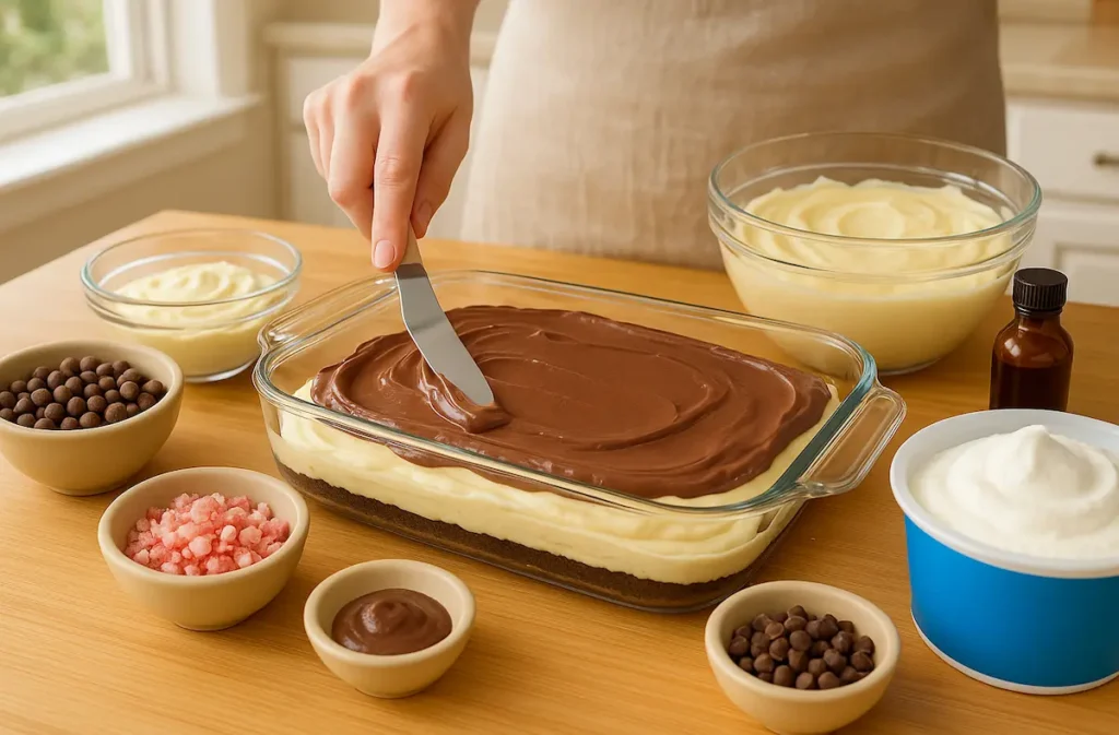 step by step process of making chocolate peppermint lasagna recipe with cookie crust, cream cheese layer, chocolate pudding, and whipped topping