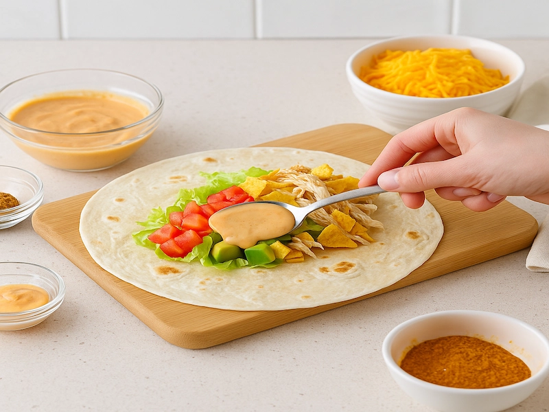 Preparing Crunchy Southwestern Chicken Wrap with shredded chicken, avocado, tomato, lettuce, Fritos, and creamy taco sauce on a tortilla