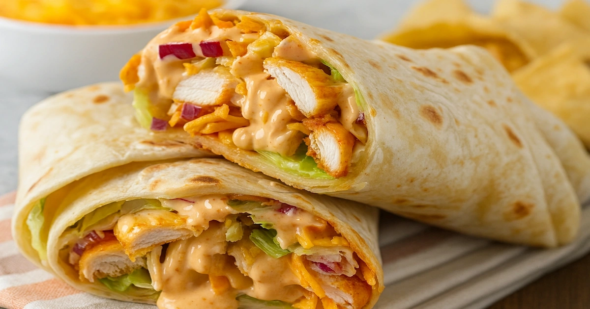 "Crunchy Southwestern Chicken Wrap Recipe filled with chicken, fresh veggies, cheddar cheese, taco sauce, and crunchy Fritos."