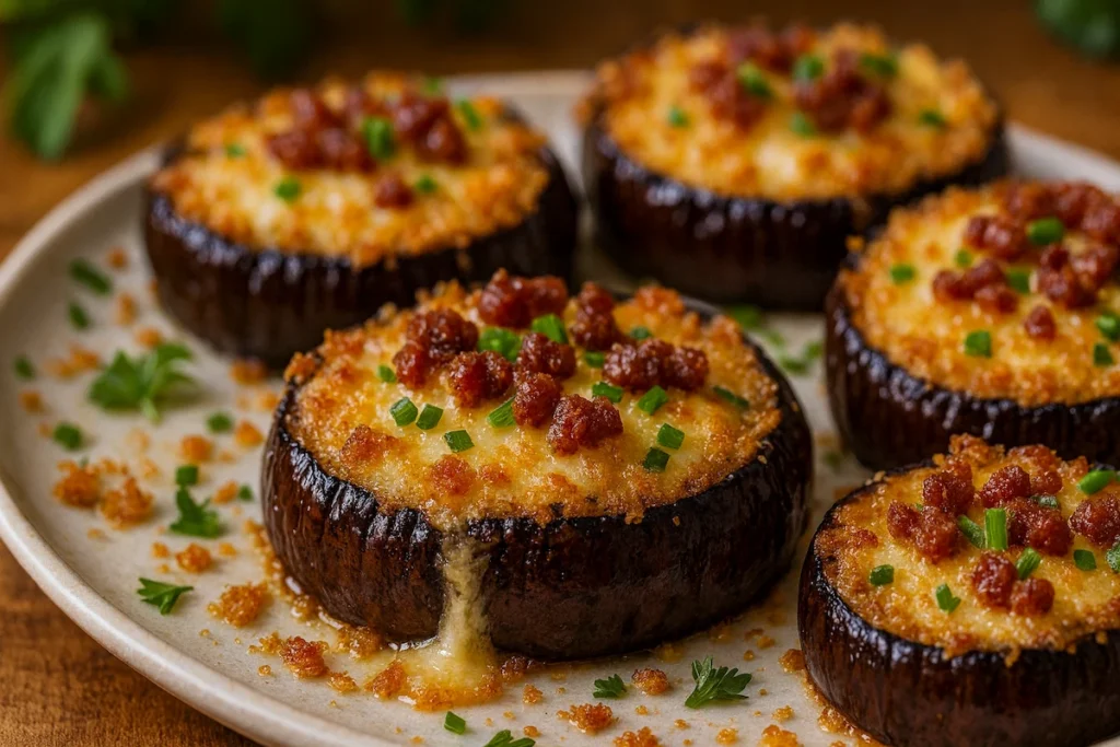 Rolling thin eggplant slices around ginger-garlic meat