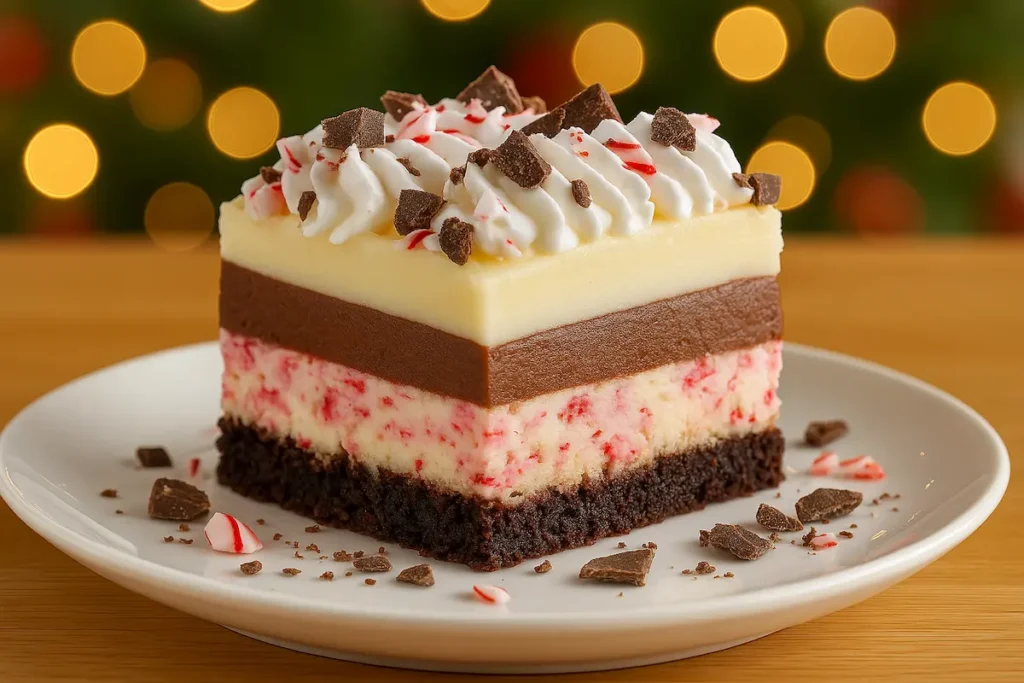 Chocolate Peppermint Lasagna no-bake dessert – creamy chocolate layers with peppermint, festive holiday recipe