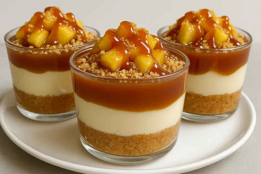 Caramel Apple Dessert Cups layered with graham cracker crust, creamy cheesecake filling, spiced apples, and caramel sauce – the perfect no-bake fall dessert.