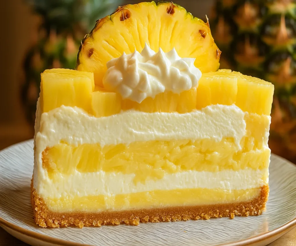Pineapple Heaven Cheesecake served on a bright table with creamy layers, tropical pineapple topping, and toasted coconut garnish.