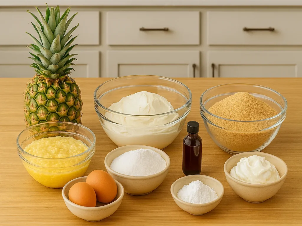 Ingredients for Pineapple Heaven Cheesecake including graham crackers, cream cheese, sugar, eggs, sour cream, and crushed pineapple displayed on a kitchen counter.