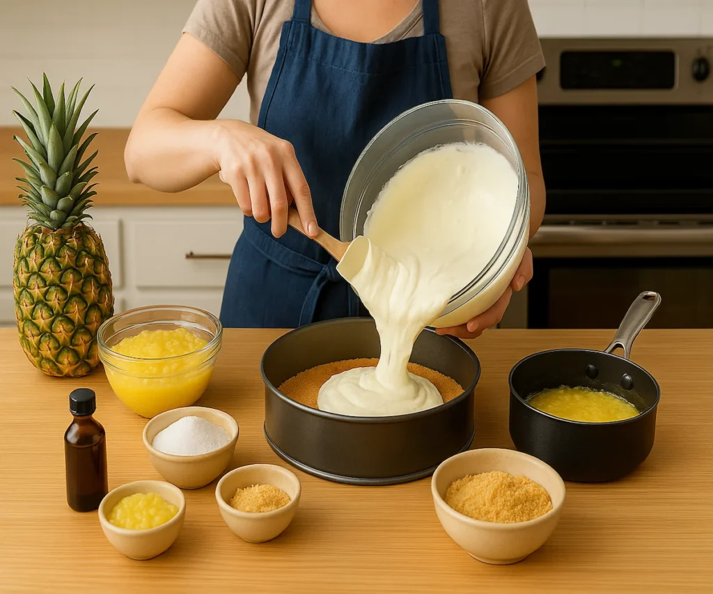 Step-by-step preparation of Pineapple Heaven Cheesecake showing crust pressing, pineapple layer cooking, and creamy cheesecake filling mixing in a bowl.