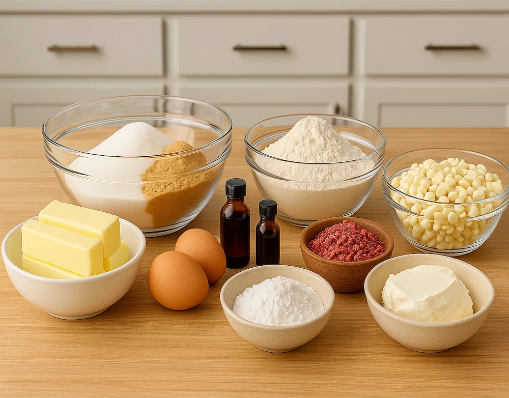  Strawberry cheesecake cookies ingredients with cream cheese, freeze-dried strawberries, and white chocolate chips