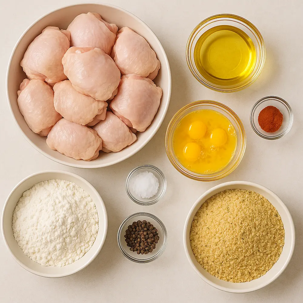Ingredients for Easy Baked Oven Fried Chicken including chicken thighs, flour, bread crumbs, eggs, and paprika.