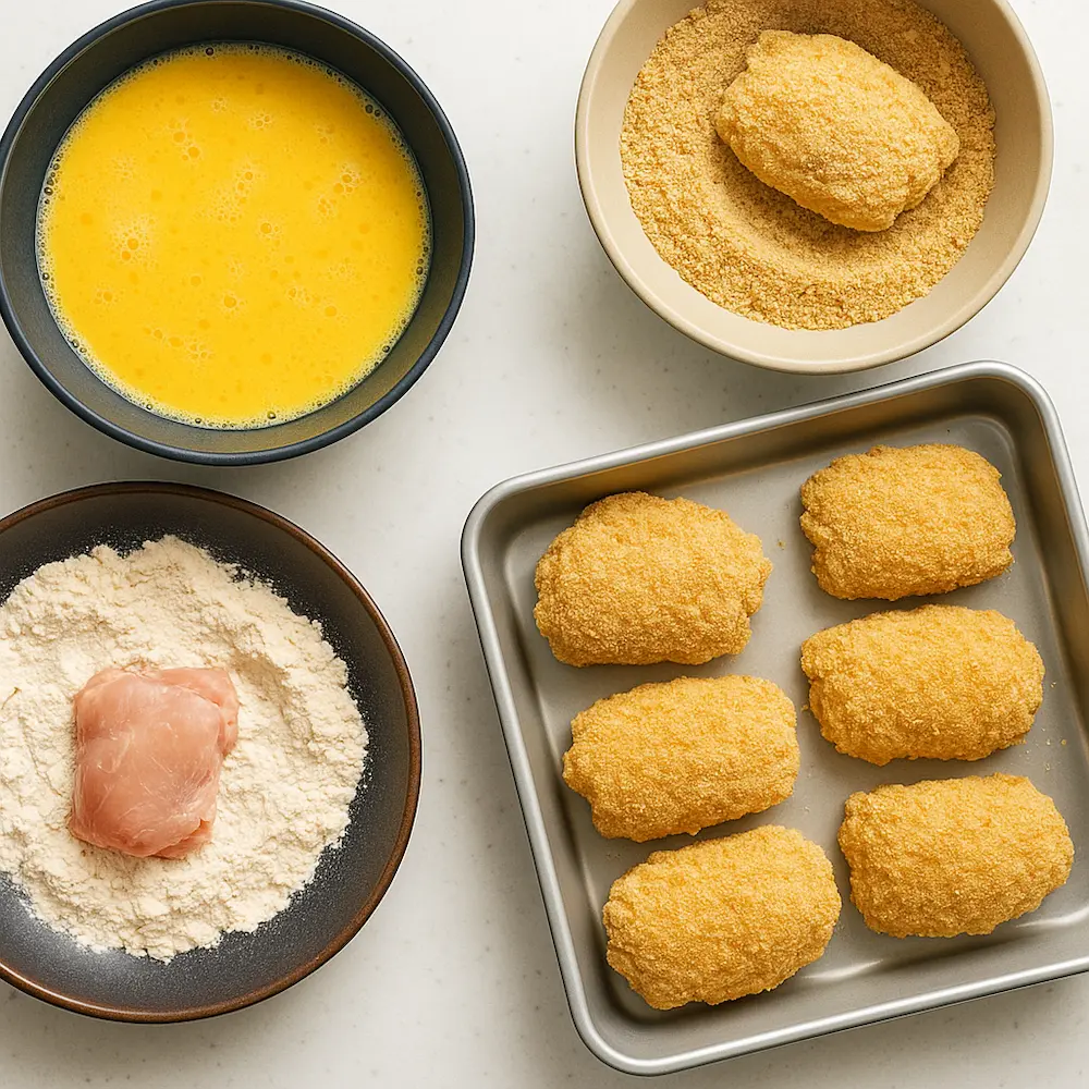 Step-by-step preparation of Easy Baked Oven Fried Chicken with breading, baking, and golden results.